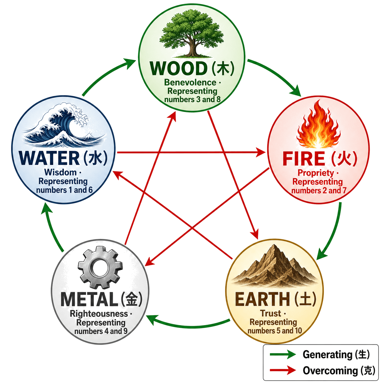 Five elements diagram showing Wood, Fire, Earth, Metal, and Water generating and overcoming cycles